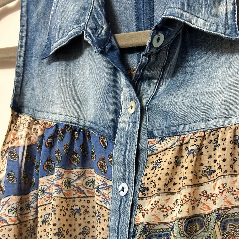 Mosaic Print Faux Denim Trimmed Top